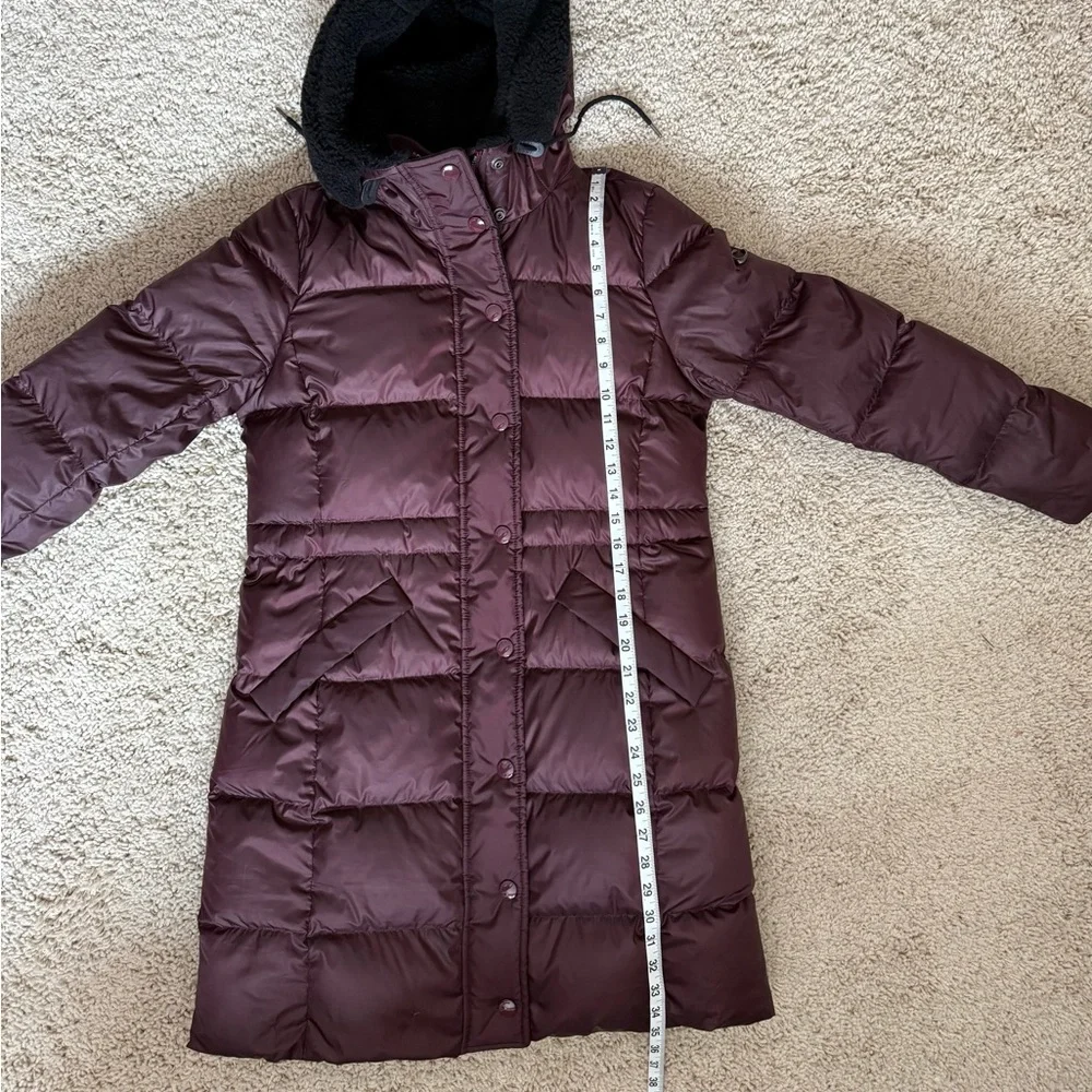 Coach Plum Down Puffer Coat Long Hooded Faux Fur Trim Small Winter - Picture 15 of 16
